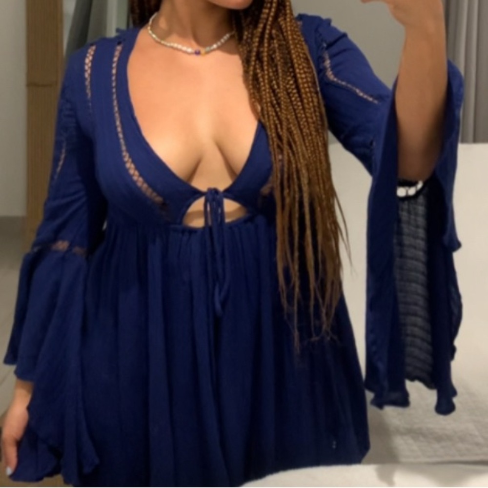 RARE Free People Blue Bohemian hippie flowy Mini beach Dress XS - Picture 2 of 9